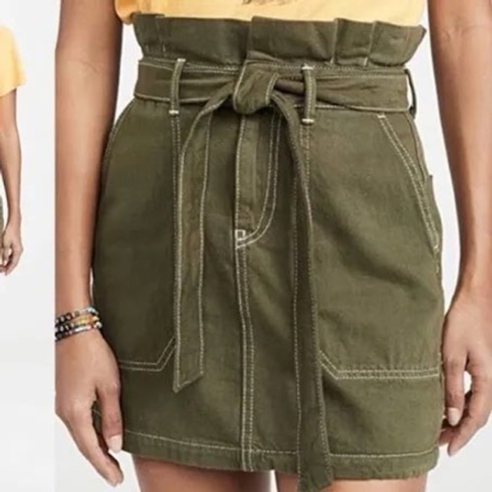 Free People Olive Green Paperbag Waist Utility Mini Skirt Contrast Stitch Size 0
